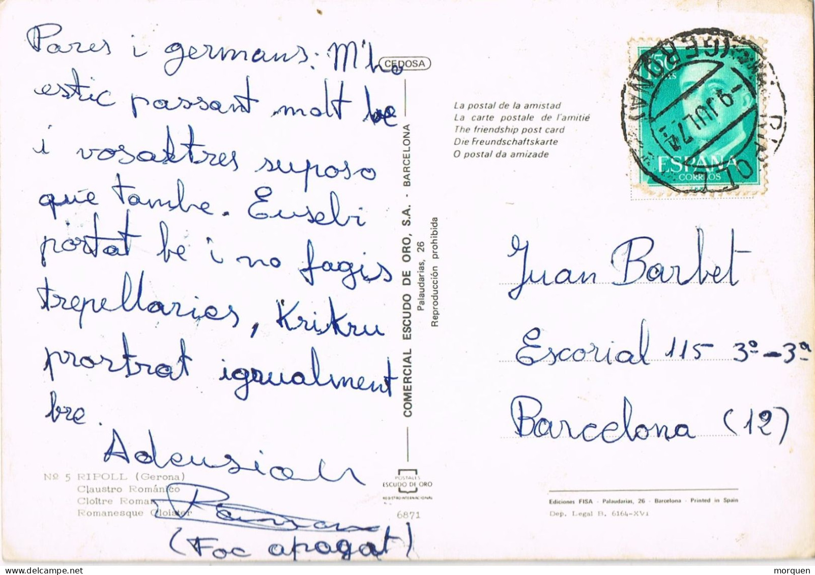 55170. Postal RIPOLL (Gerona) 1974. Vista Del Claustro Romanico - Covers & Documents