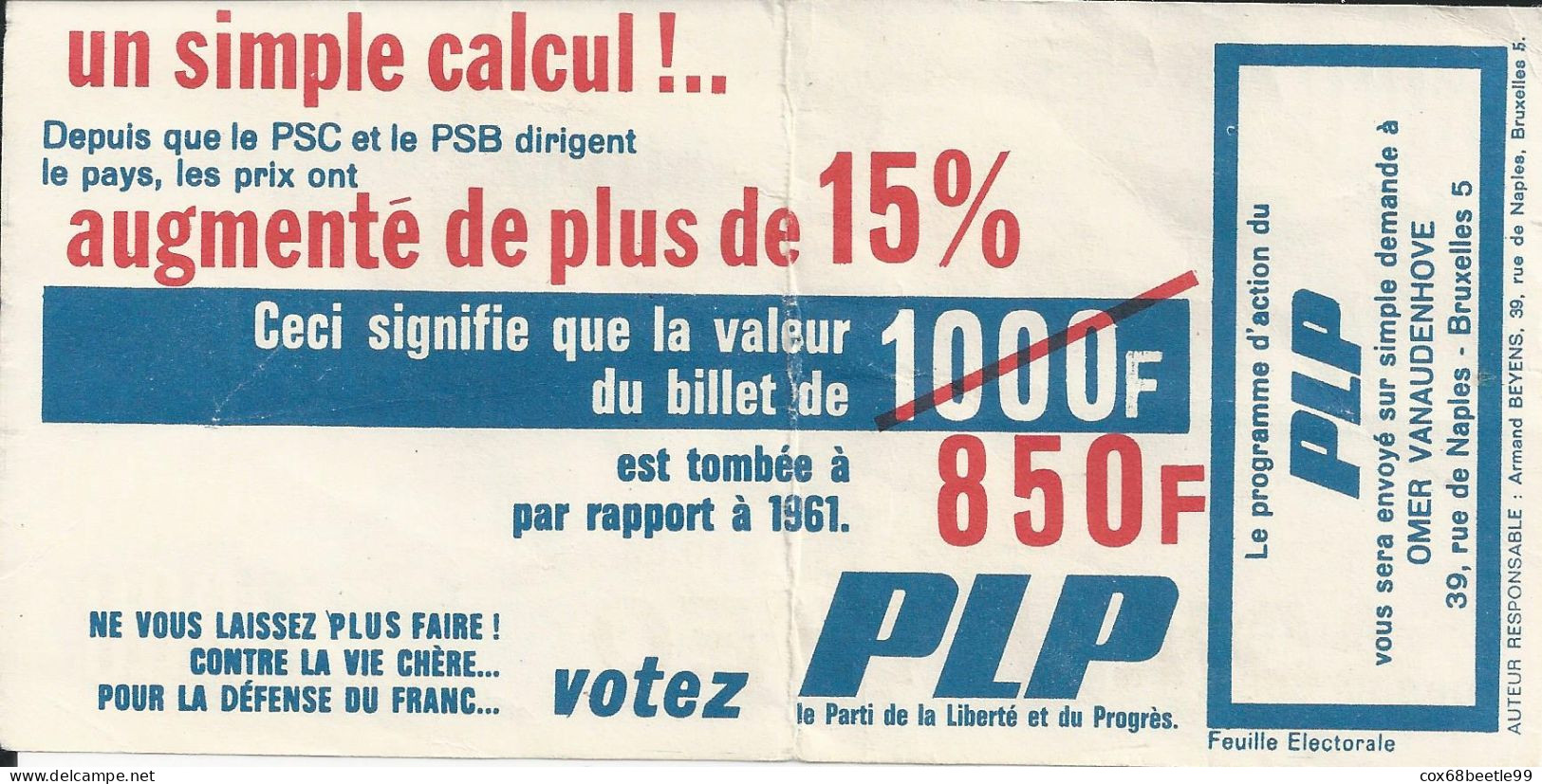 Belgique Publicité Politique Pour Le PLP Contre Théo Lefèvre Billet 1000 Francs Belges 1965 ADIEU THEO Daté 03.10.1963 - Fictifs & Spécimens