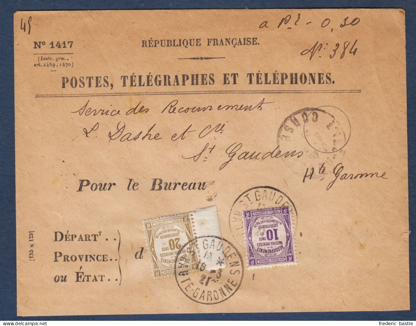 Haute Garonne - Enveloppe Recouvrements De St GAUDENS - 1859-1959 Cartas & Documentos