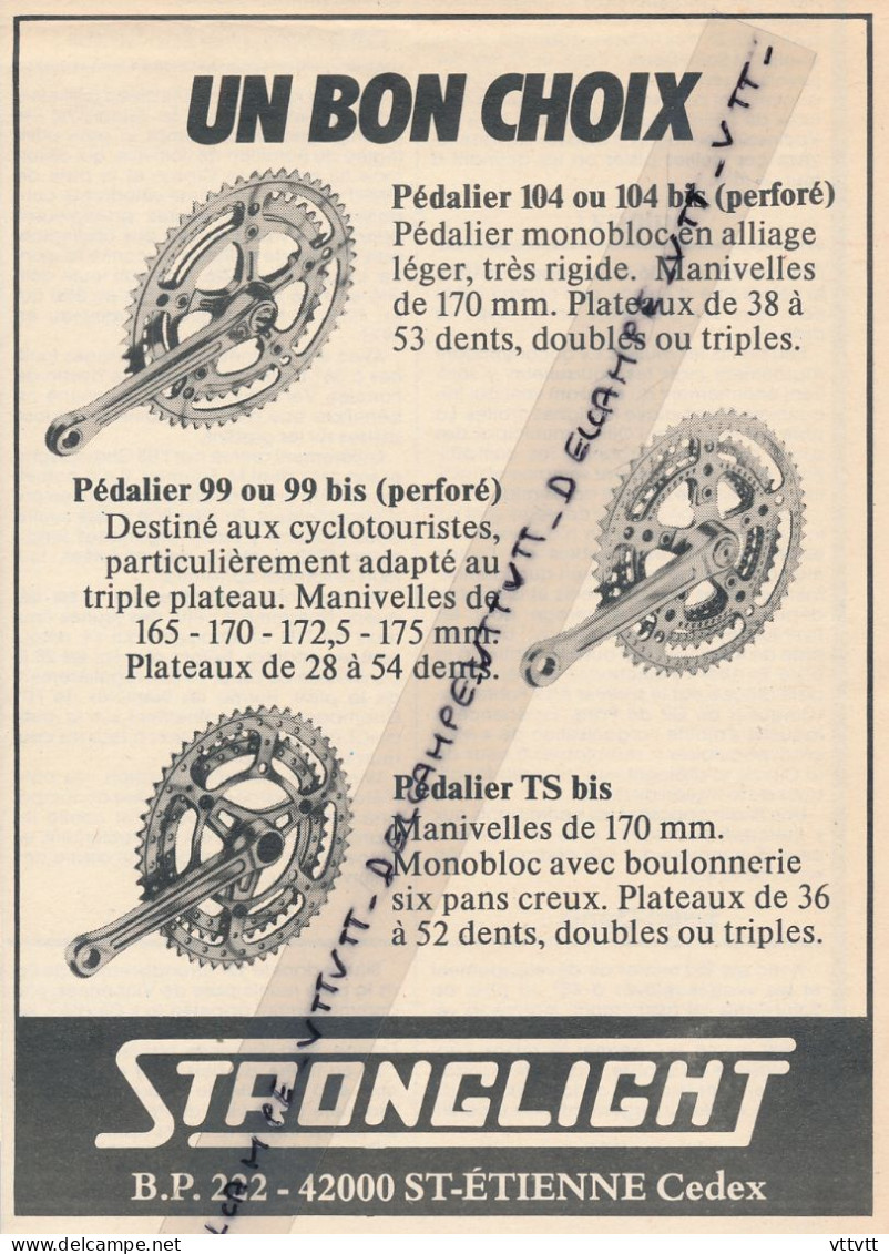 Ancienne Publicité (1980) : STRONGLIGHT, Pédalier 104 Ou 104 Bis Perforé, Pédalier 99 Ou 99 Bis Perforé, Pédalier TS Bis - Reclame