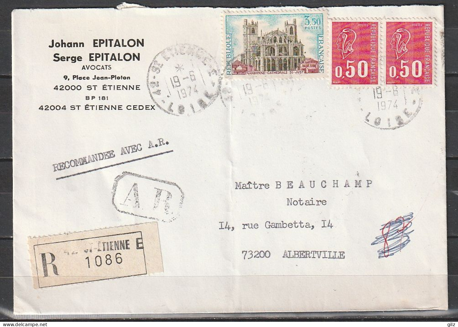 Lettre Recommandée Ar -19/06/1974 St Etienne (Loire) -->Alberville (Savoie) Tp Yv:1713 -1664c (trois Bande De Phosphore) - Briefe U. Dokumente