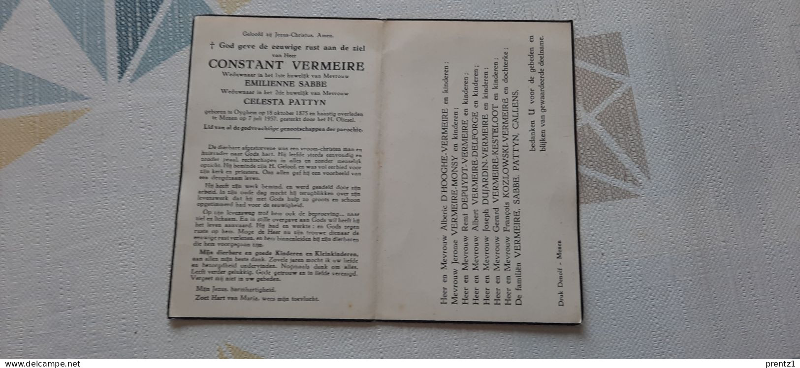 Constant Vermeire Geb. Ooigem / Oyghem 1875- Getr. E. Sabbe/C. Pattyn - Gest. Menen 07/07/1957 - Devotieprenten