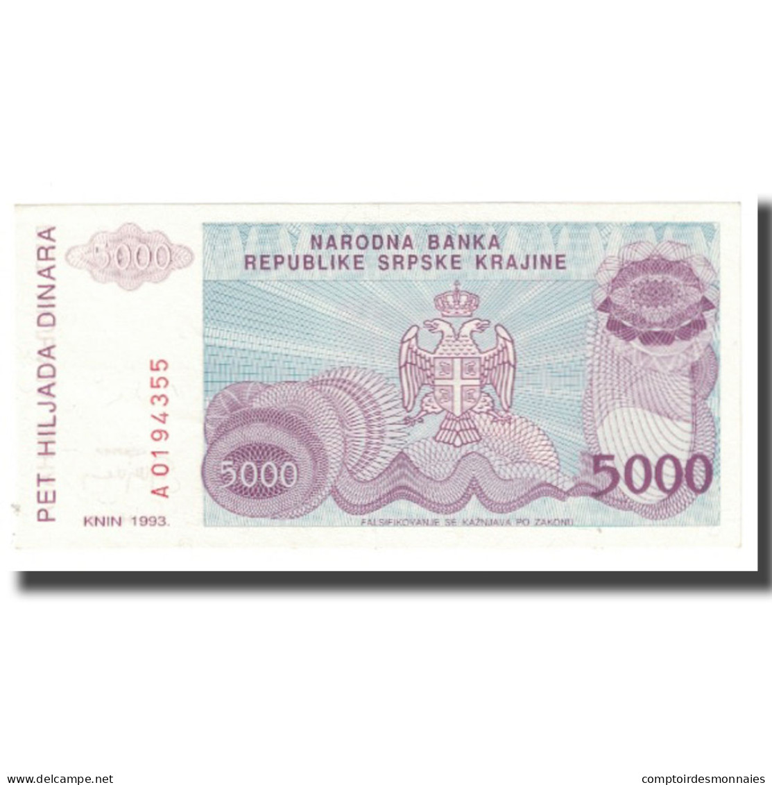 Billet, Croatie, 5000 Dinara, 1993, KM:R20a, NEUF - Kroatien