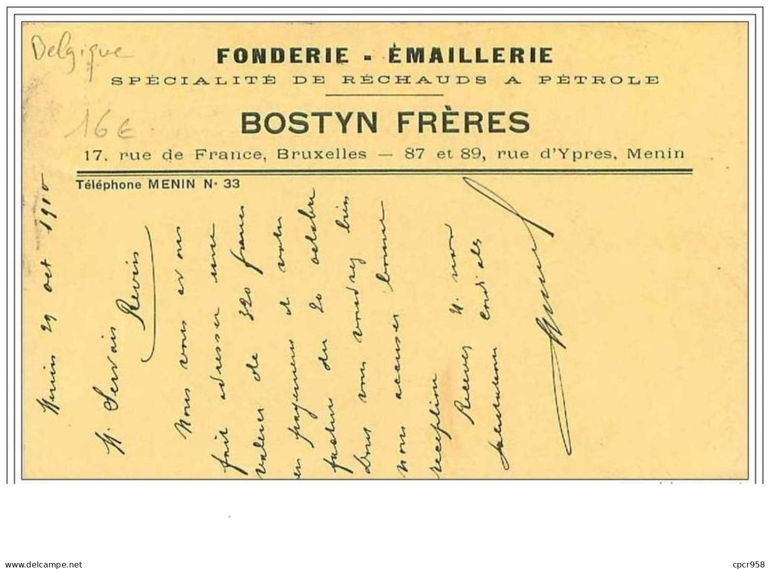 BELGIQUE.CARTE DE LA FONDERIE-EMAILLERIE BOSTYN FRERES A BRUXELLES - Other & Unclassified