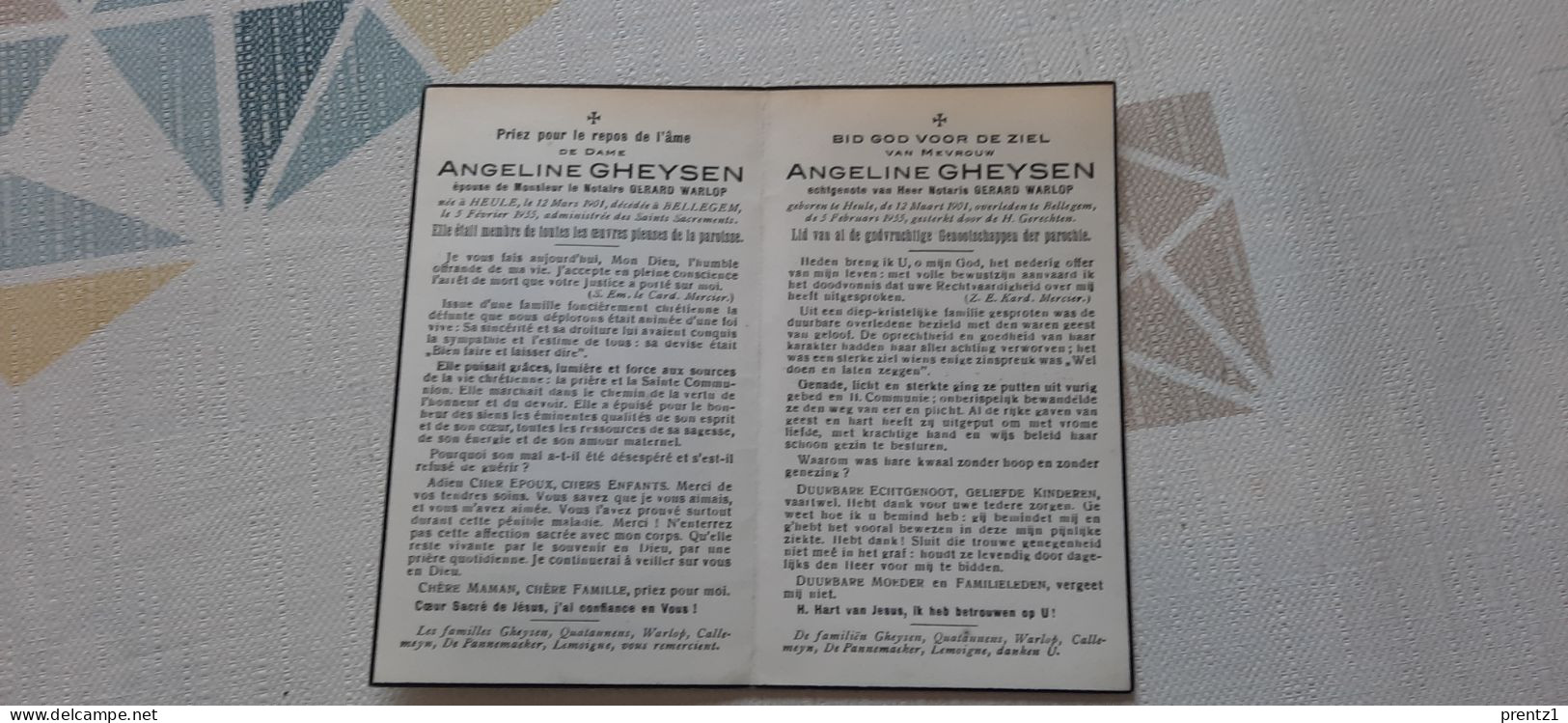 Angeline Gheysen Geb. Heule 12/03/1901- Getr. Notaris G. Warlop - Gest. Bellegem 5/02/1955 - Devotieprenten