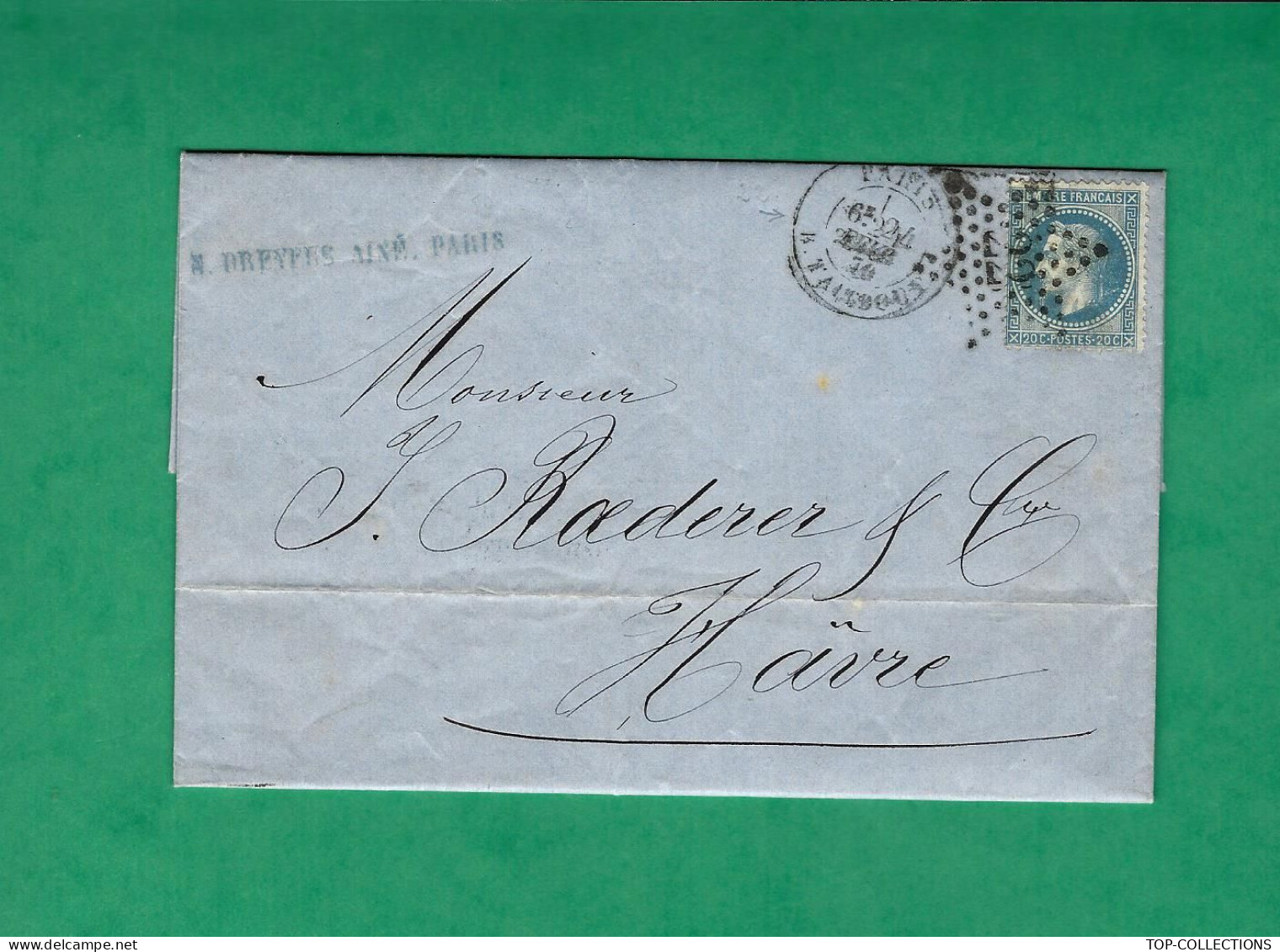 1870 PARIS LETTRE N. DREYFUS Ainé pour Roederer Le Havre NEGOCE NAVIGATION RIO DE JANEIRO  COTON