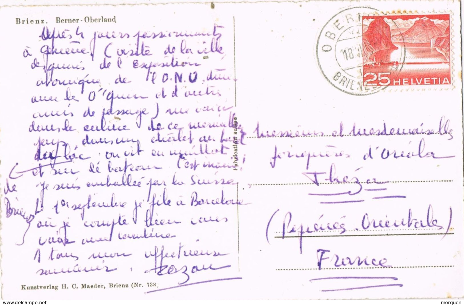 55173. Postal BRIENZ (Berner Oberland) Suisse 1955. Vista De Brienz - Lettres & Documents