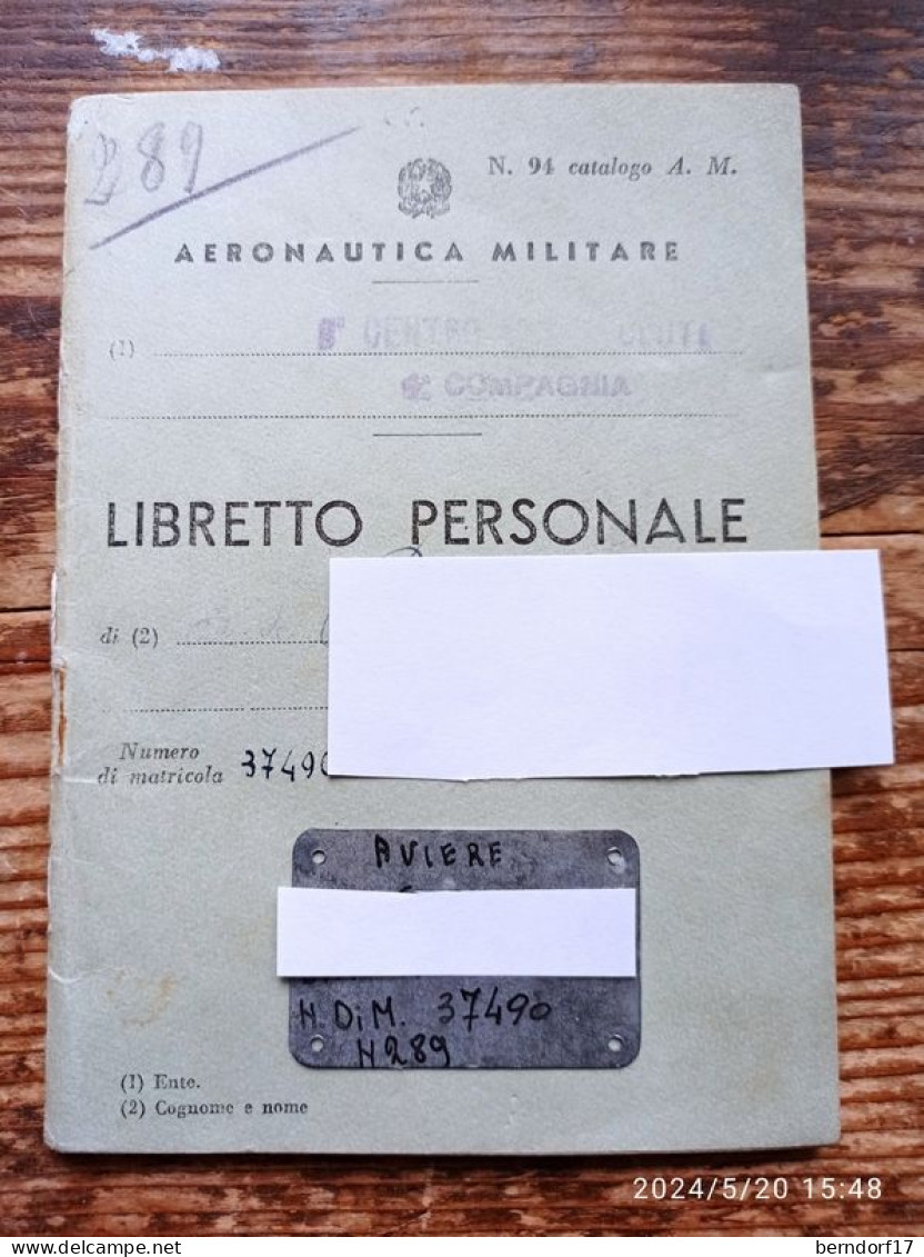 AERONAUTICA MILITARE - LIBRETTO PERSONALE NOMINATIVO + RARA PIASTRINA IN PIOMBO DA CORREDO - AVIERE VAM ANNI '50 - Documents