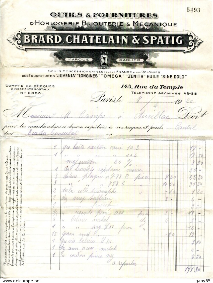 FACTURE.PARIS.OUTILS & FOURNITURES D'HORLOGERIE,BIJOUTERIE.BRARD,CHATELAIN & SPATIG 145 RUE DU TEMPLE. - Autres & Non Classés