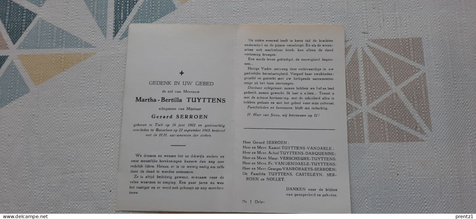 Martha Tuyttens Geb. Tielt 16/06/1902- Getr. G. Serroen - Gest. Roeselare 22/09/1963 - Devotieprenten