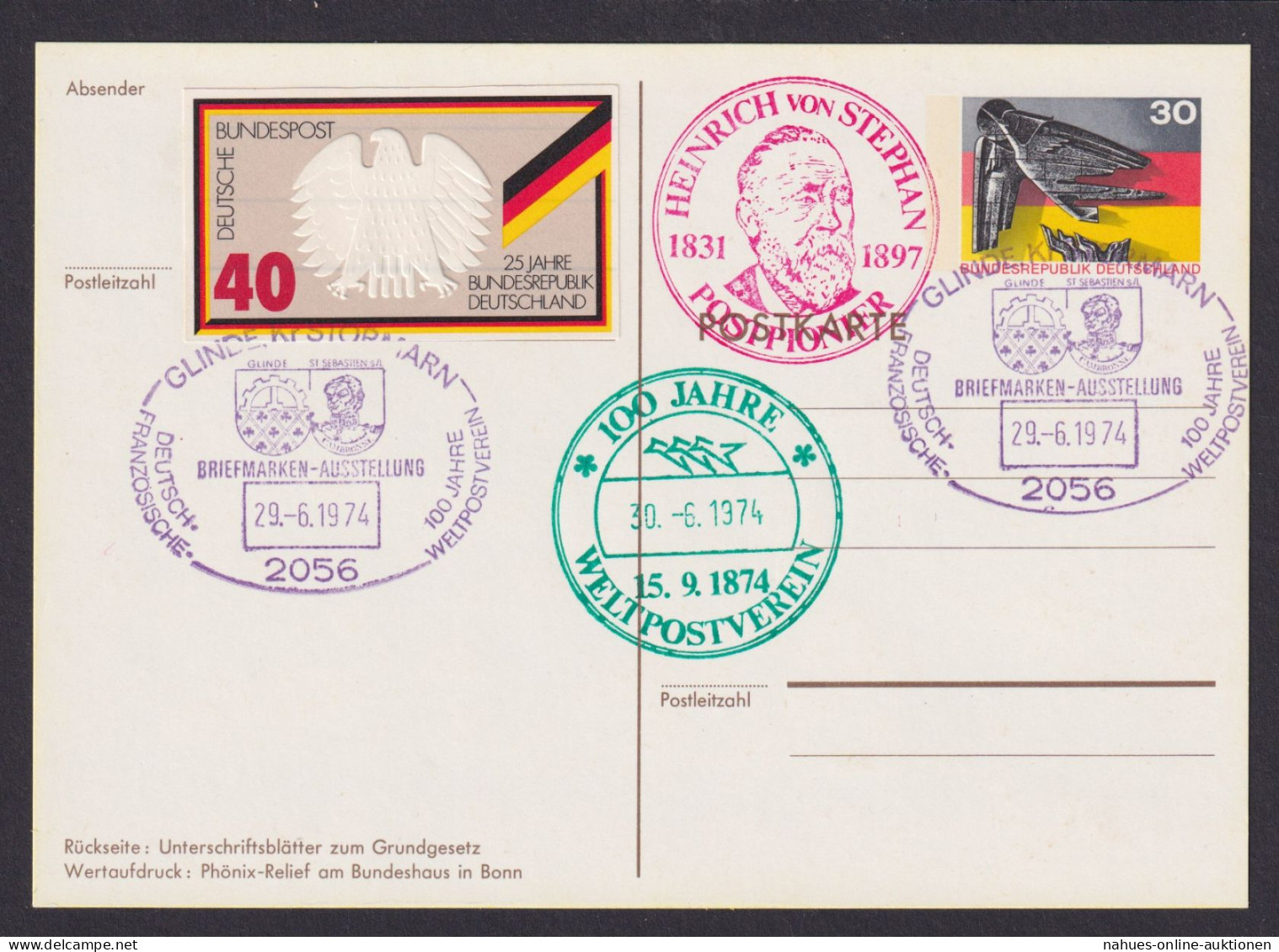 Glinde Stormarn Schleswig Ganzsache SST 100 Jahre Weltpostverein 25 Jahre BRD - Covers & Documents