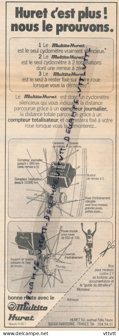 Ancienne Publicité (1980) : HURET, Cyclomètre Multito Huret, Compteur Journalier Et Totalisateur, Nanterre - Werbung