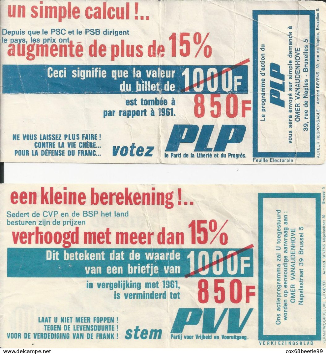 Belgie Publicité Politique Pour Le PVV Et PLP Contre Théo Lefèvre 2 Billets 1000 BEF 1965 Daté 03.10.1963 NL/FR Versie - Specimen