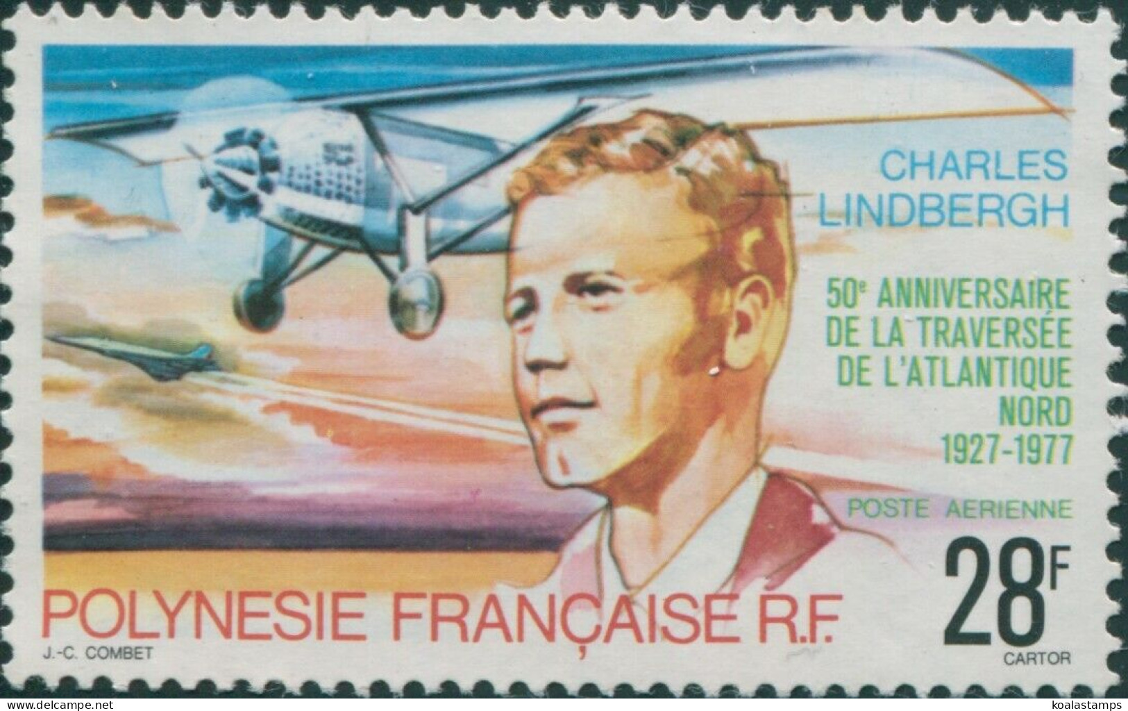 French Polynesia 1977 Sc#C149,SG257 28f Lindbergh Flight MLH - Other & Unclassified