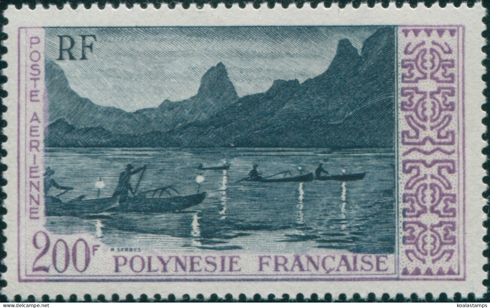 French Polynesia 1958 Sc#C27,SG16 200f Night Fishing Off Moorea MNH - Other & Unclassified