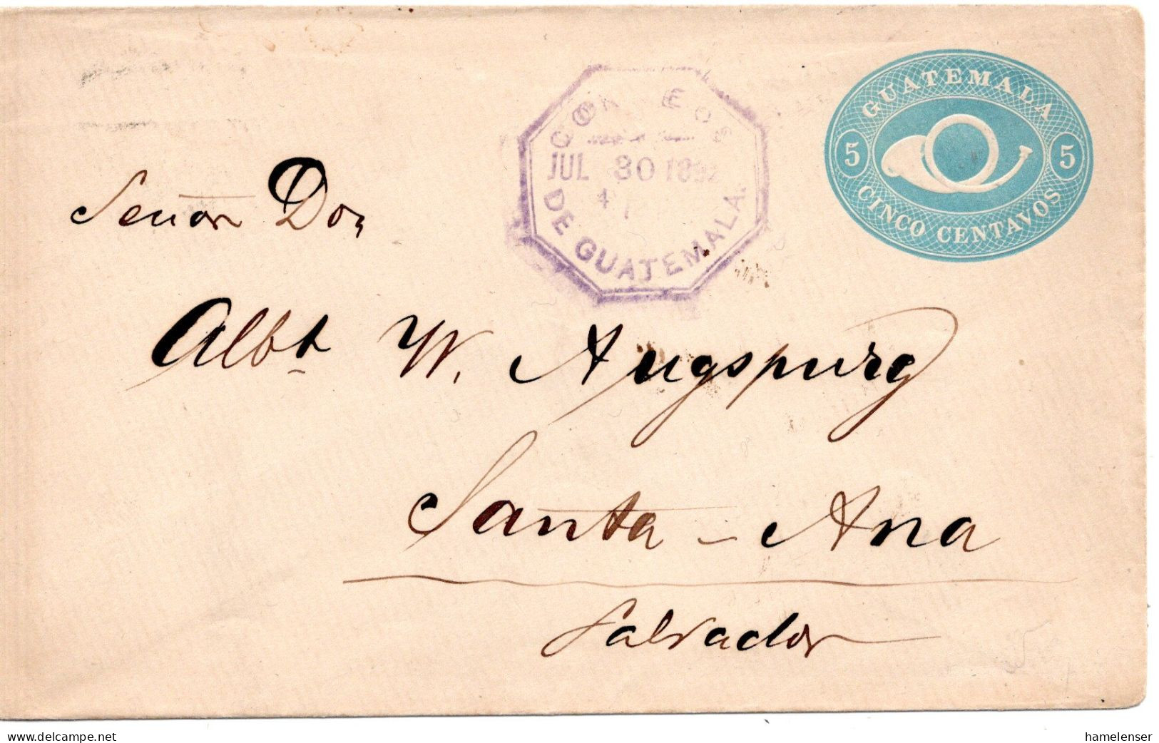 79007 - Guatemala - 1892 - 5c Posthorn GAU CORREOS DE GUATEMALA -> SANTA ANA (El Salvador) - Guatemala