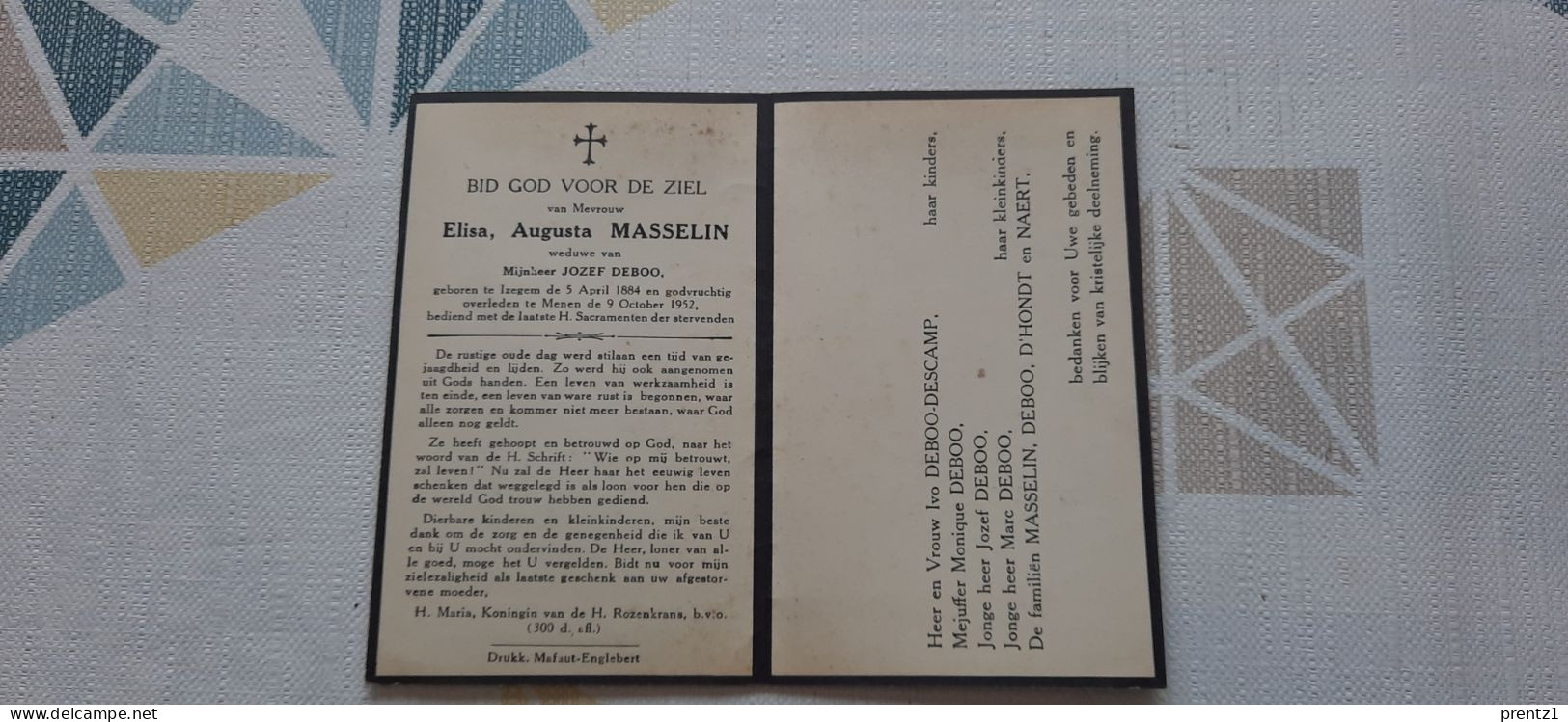 Elisa Masselin Geb. Izegem 5/04/1884- Getr. J. Deboor - Gest. Menen 9/10/1952 - Devotion Images