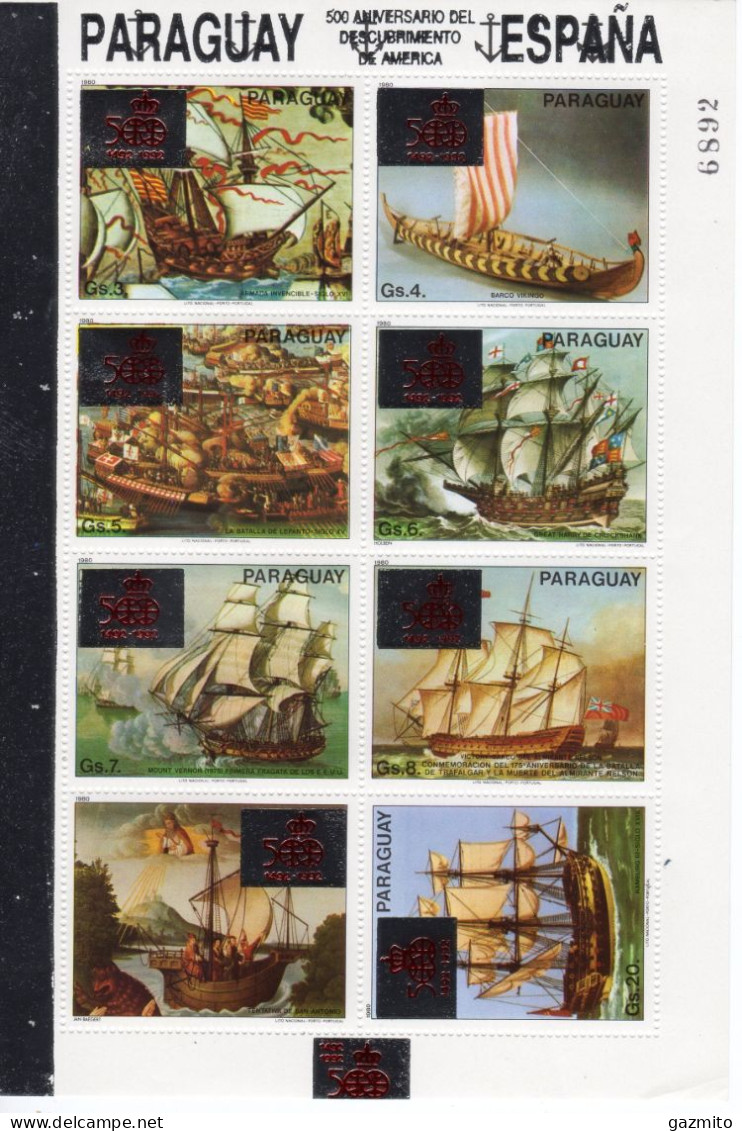 Paraguay 1989, 500th Discovery Of America, Ships, Overp. Silver, Sheetlet Of 8val - Paraguay
