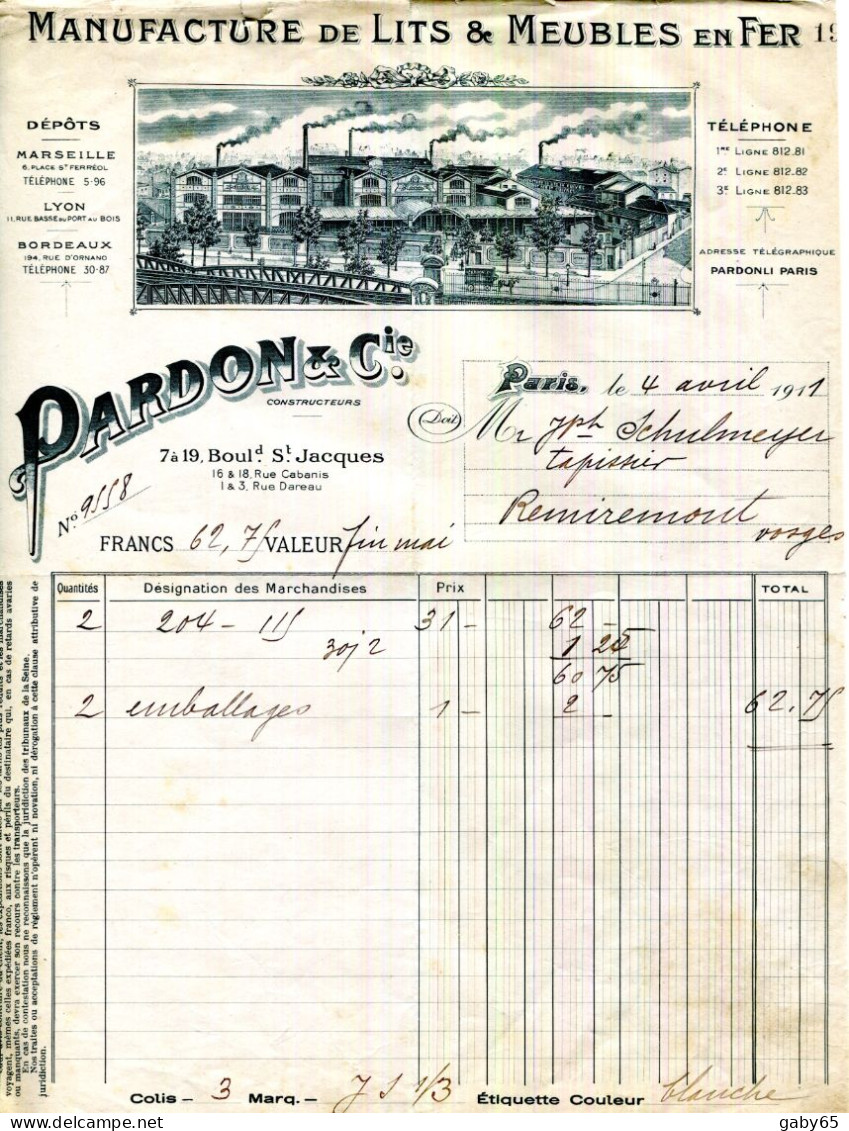 FACTURE.PARIS.MANUFACTURE DE LITS & MEUBLES EN FER.PARDON & Cie. 7à19 BOLEVARD SAINT JACQUES. - Sonstige & Ohne Zuordnung