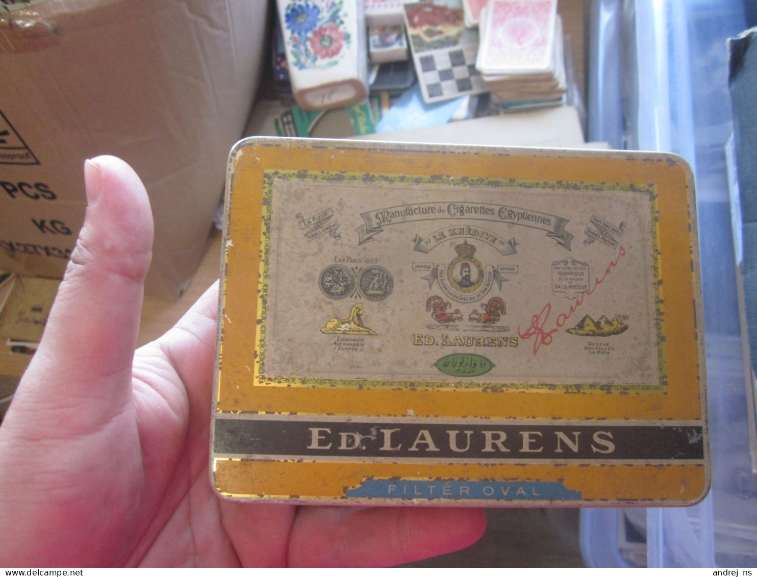 Old Tin Box ED Laurens Laurens Gelb Manugacture Cigarettes Eguptiennes 50 Cigaretten 11x15x2 Cm - Empty Tobacco Boxes