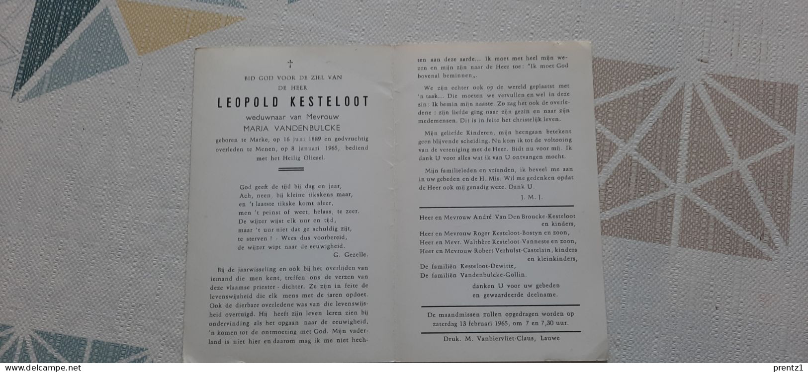 Leopold Kesteloot Geb. Marke 16/6/1889- Getr. M. Vandenbulcke - Gest. Menen 8/01/1965 - Devotieprenten