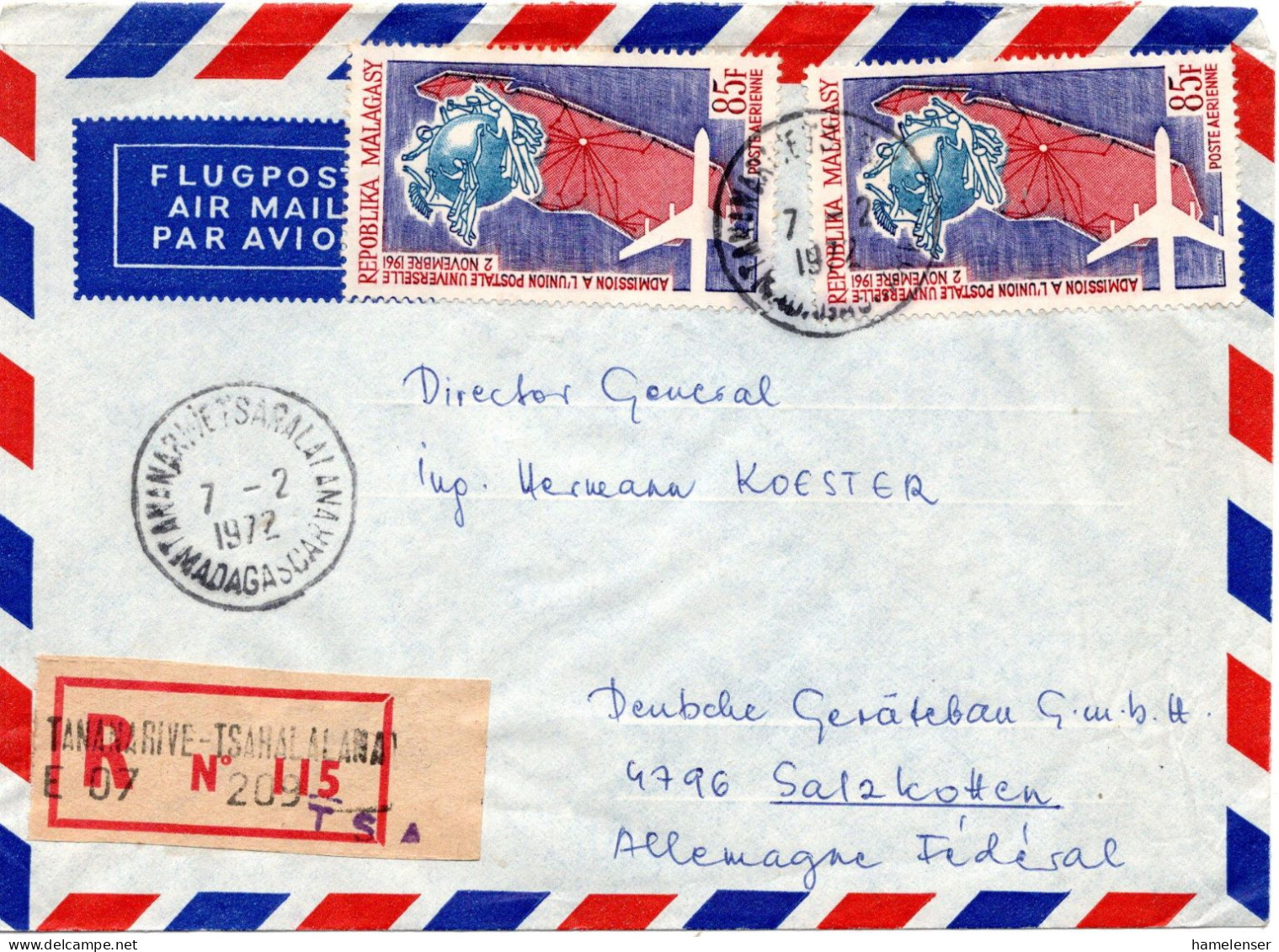 79009 - Madagaskar - 1972 - 2@85F UPU-Beitritt A R-LpBf TANANARIVE -> Westdeutschland - UPU (Universal Postal Union)