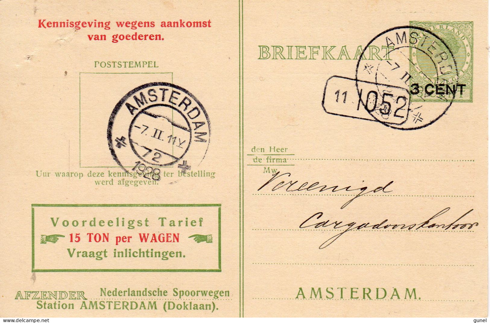 7II 1928 Particuluier Bedrukte Opdruk-spoorwegbriefkaart Van Amsterdam Doklaan Met Postsorteerderstempel 11  1052 - Postwaardestukken