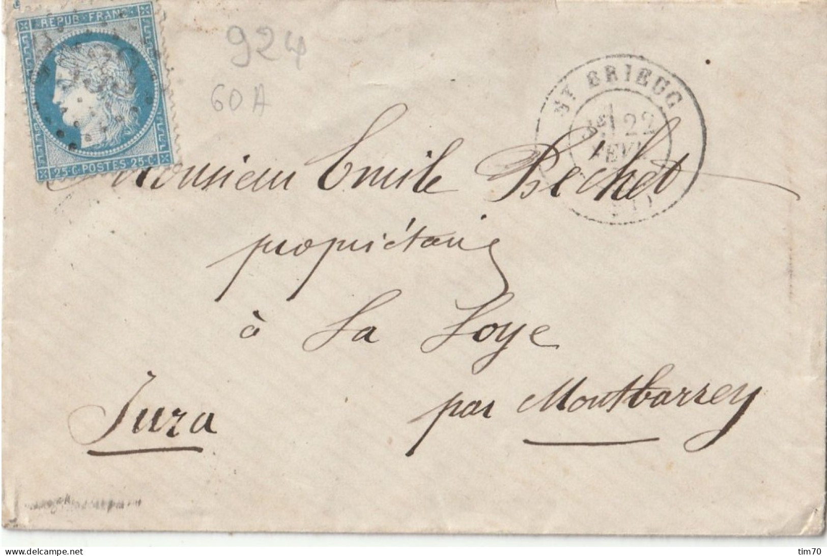 G C  3533        /  N° 60 C   ST  BRIEUC  POUR  LA  LOYE  JURA - 1849-1876: Période Classique