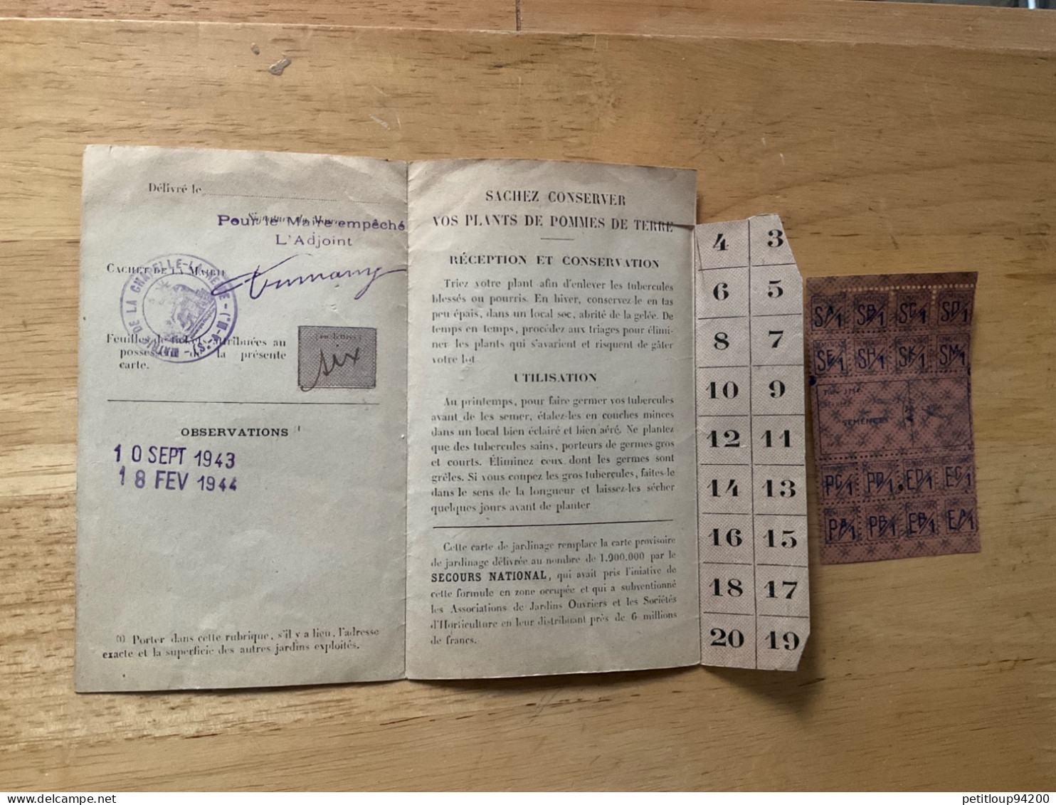 SECRÉTARIAT D’ÉTAT A L’AGRICULTURE ET AU RAVITAILLEMENT Carte De Jardinage  SEINE Et MARNE 1943 1944 - Bonds & Basic Needs