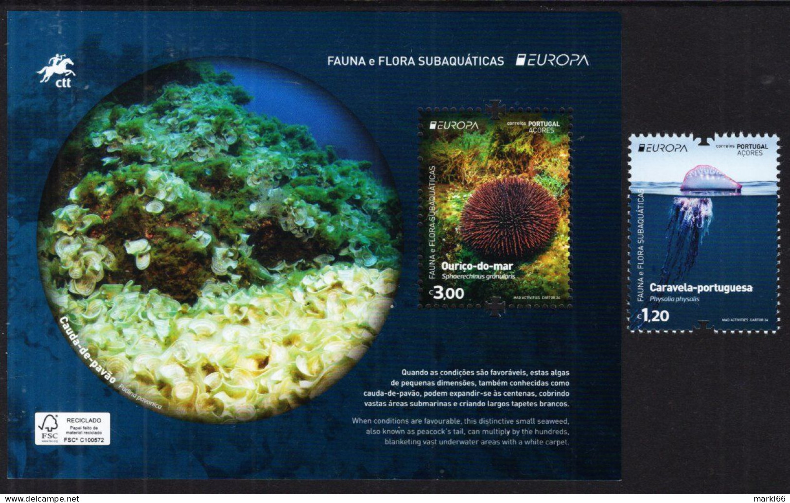 Portugal - Azores - 2024 - Europa CEPT - Underwater Fauna And Flora - Mint Stamp + Souvenir Sheet - Azores