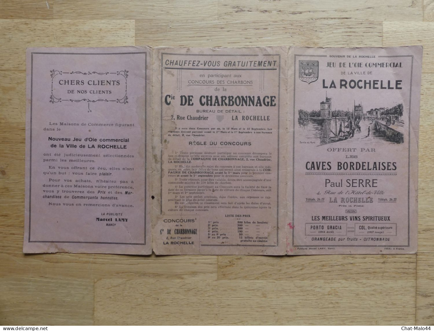 Jeu De L'oie Commercial De La Ville De La Rochelle. Offert Par Les Caves Bordelaises, Paul Serre, La Rochelle. 1935 - Publicidad