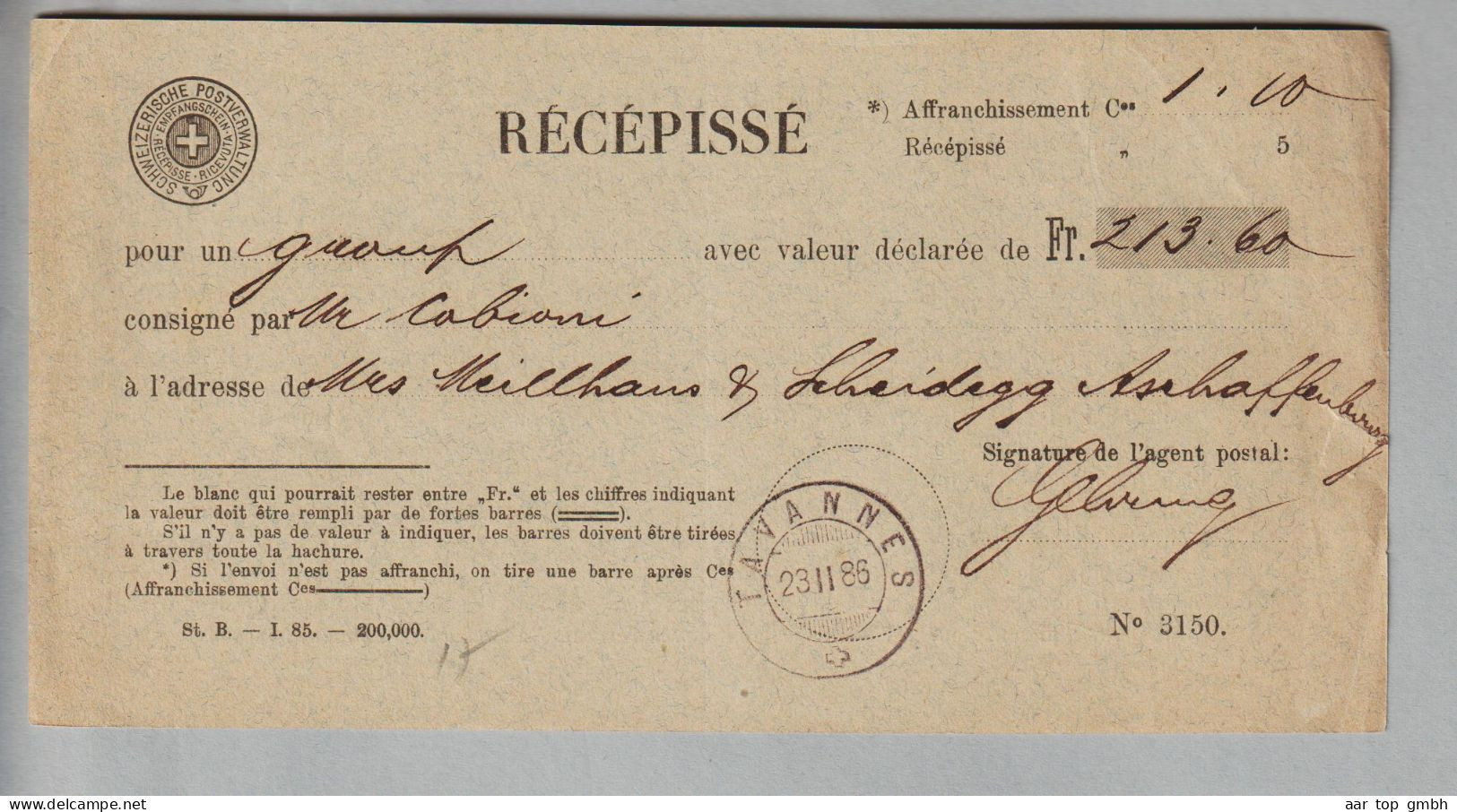CH Heimat BE Tavannes 1886-02-24 Récépissé (Aufgabeschein) Fr. 213.60 - Lettres & Documents