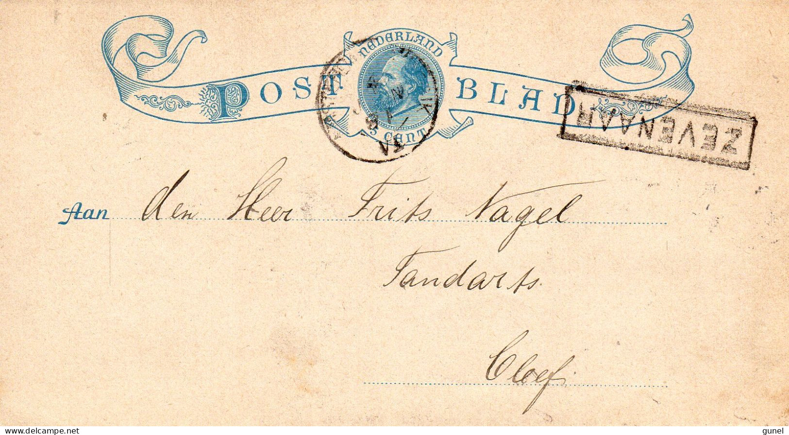 4 JUN 1891 Postblad G1 Zonder Randen Met Haltestempel ZEVENAAR Naar Cleef  (GRENSTARIEF) - Postwaardestukken