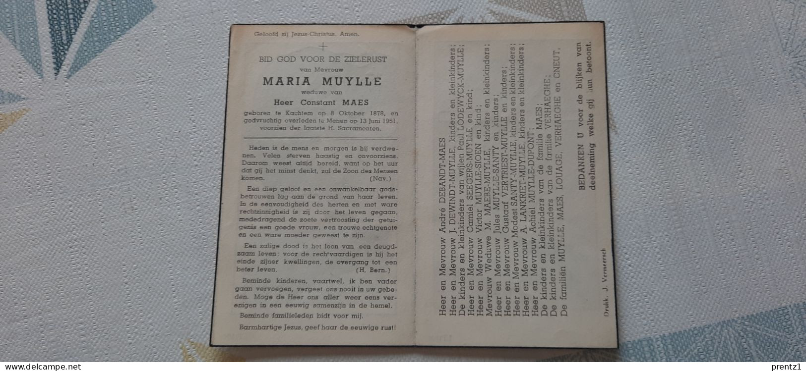 Marie Muylle Geb. Kachtem 8/10/1878- Getr. C. Maes - Gest. Menen 13/06/1951 - Devotieprenten
