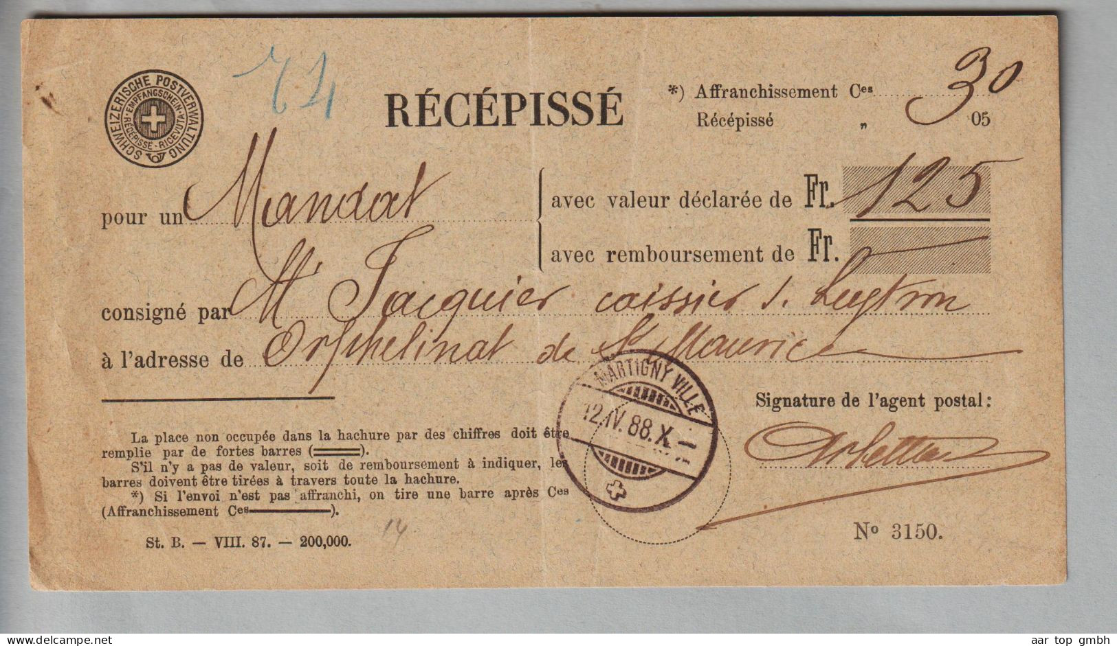 CH Heimat VS Martigny Ville 1888-04-12 Aufgabeschein Fr. 125.-- - Lettres & Documents