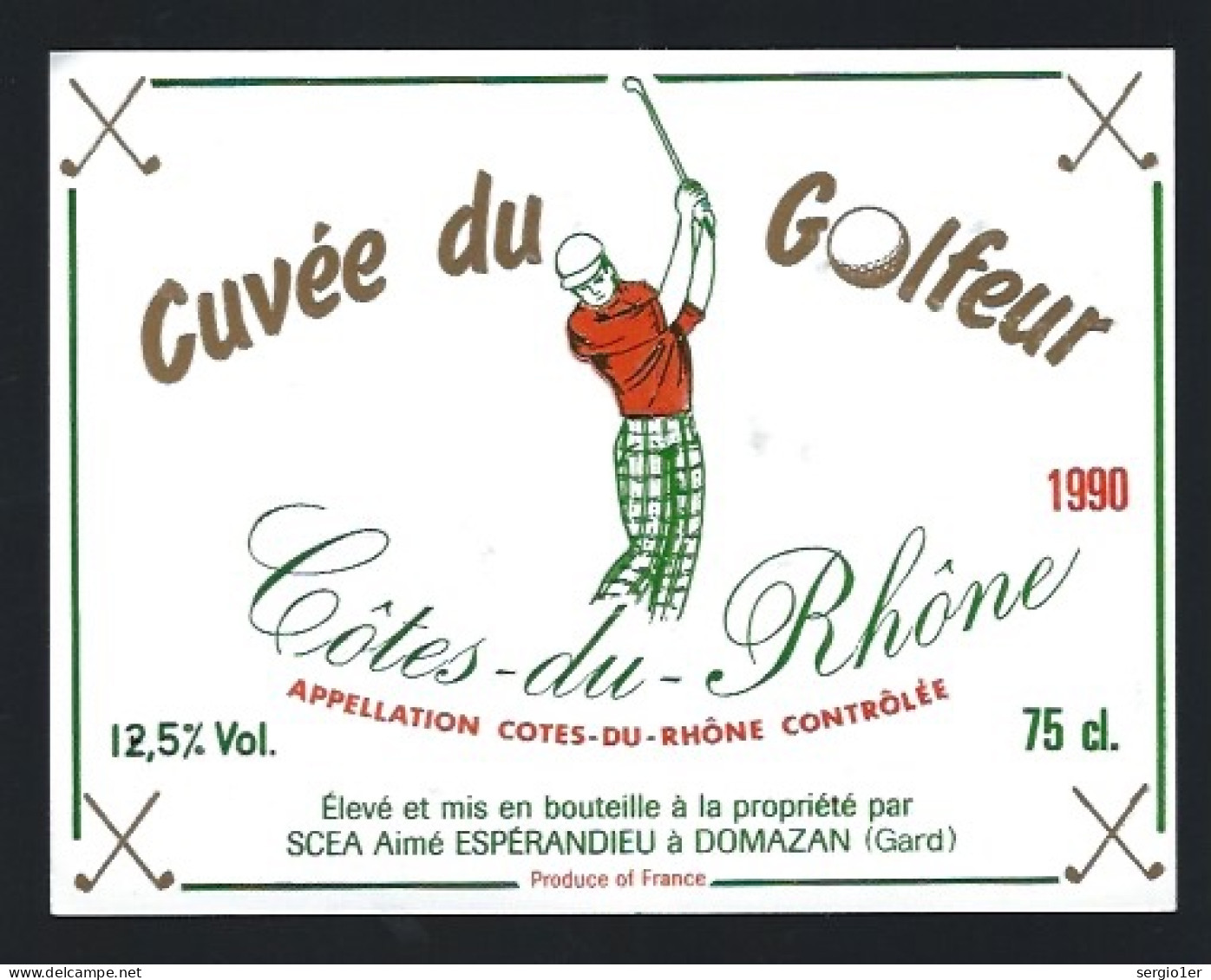 Etiquette Vin  Côtes Du Rhône  Cuvée Du Golfeur  1990  Aimé Espérandieu  à Domazan Thème Sport - Côtes Du Rhône