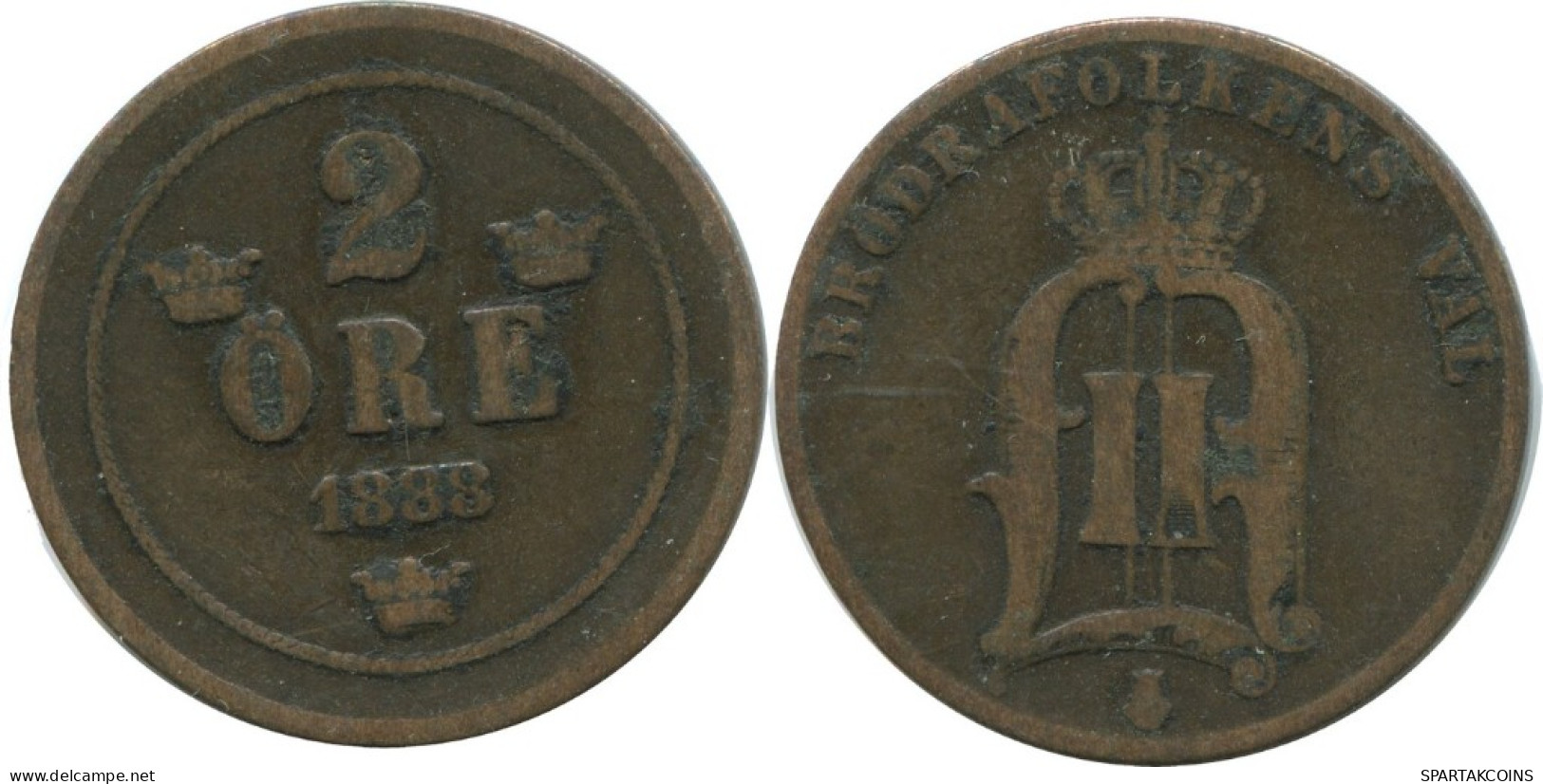 2 ORE 1888 SCHWEDEN SWEDEN Münze #AC966.2.D.A - Suède