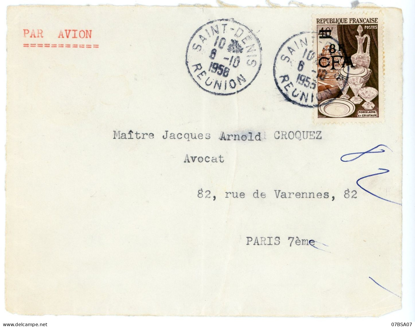 REUNION CFA DEVANT DE LETTRE AVION 1956 8FCFA / 40F PORCELAINE ST DENIS - Lettres & Documents