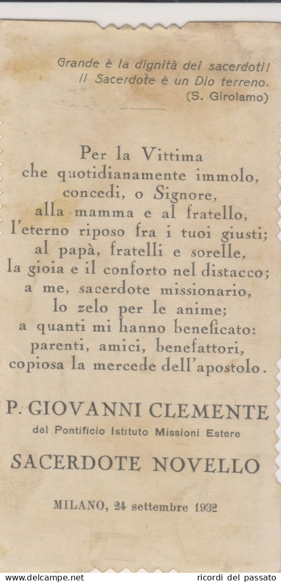 Santino Fustellato Ricordo Sacerdote Novello Padre Giovanni Clemente - Milano 1932 - Devotieprenten