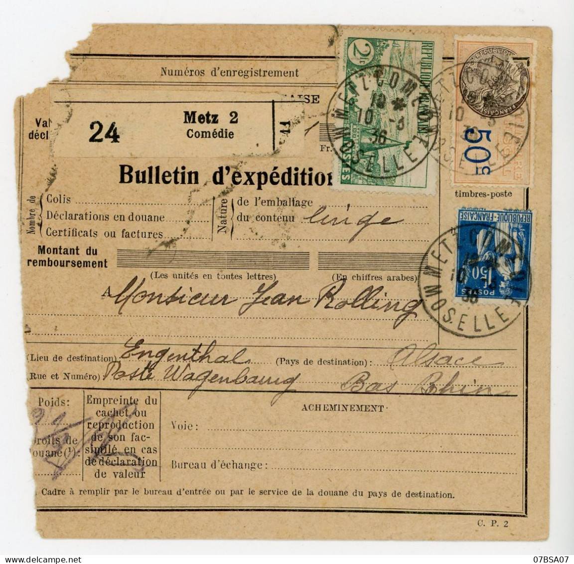 BULLETIN EXPEDITION ALSACE MOSELLE 1936 METZ COMEDIE SUR N°310 ET 288 VERSO AGENCE BAS RHIN WANGENBOURG - 1921-1960: Modern Period