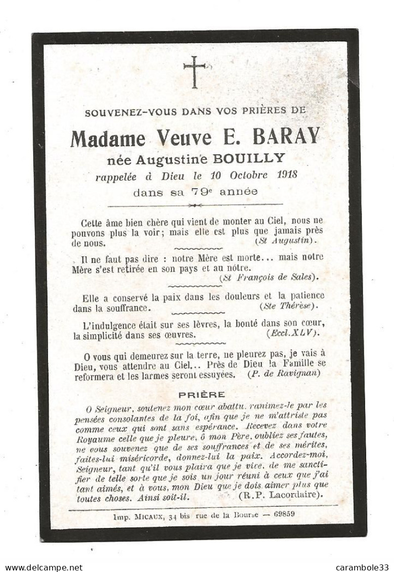 Décés  Faire Part   Madame Veuve E. BARAY Née Augustine BOUILLY  1918  (1752) - Obituary Notices
