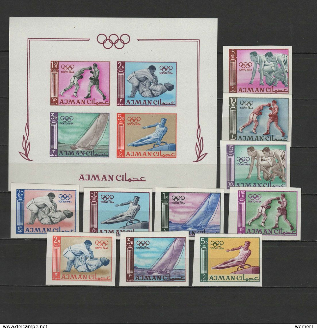 Ajman 1965 Olympic Games Tokyo, Boxing, Judo, Athletics Etc. Set Of 10 + S/s Imperf. MNH - Sommer 1964: Tokio