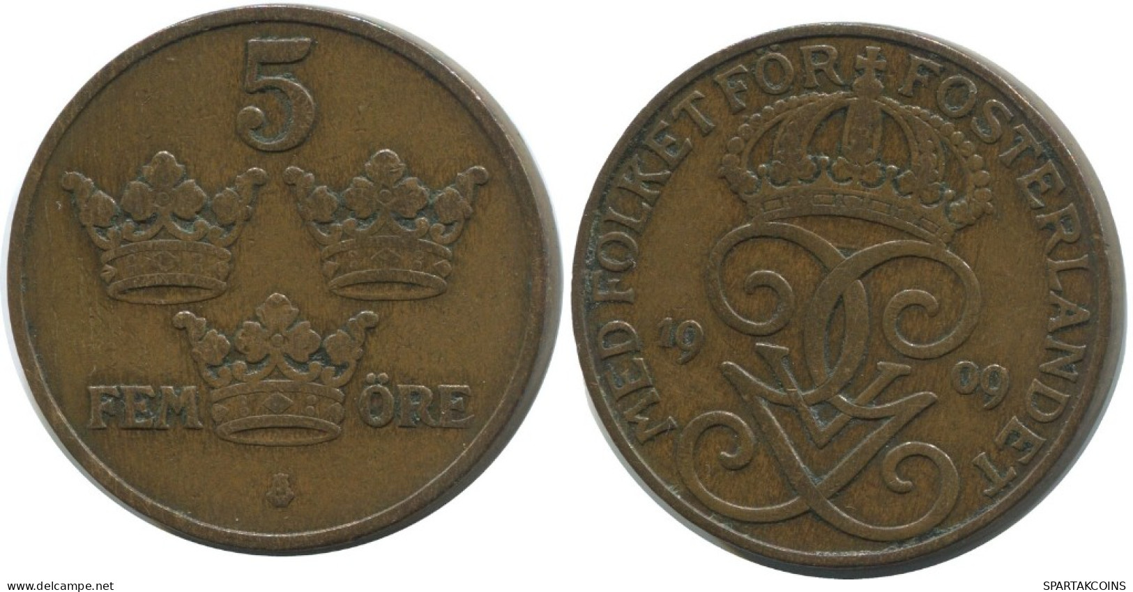 5 ORE 1909 SWEDEN Coin #AC428.2.U.A - Sweden