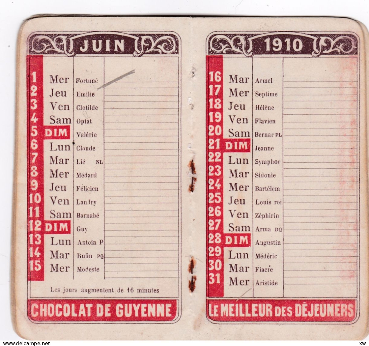 AGENDA MEMENTO 1910 offert aux acheteurs du Chocolat de Guyenne -En vente chez les Pharmaciens A. ROUDEL et Cie-19-05-24