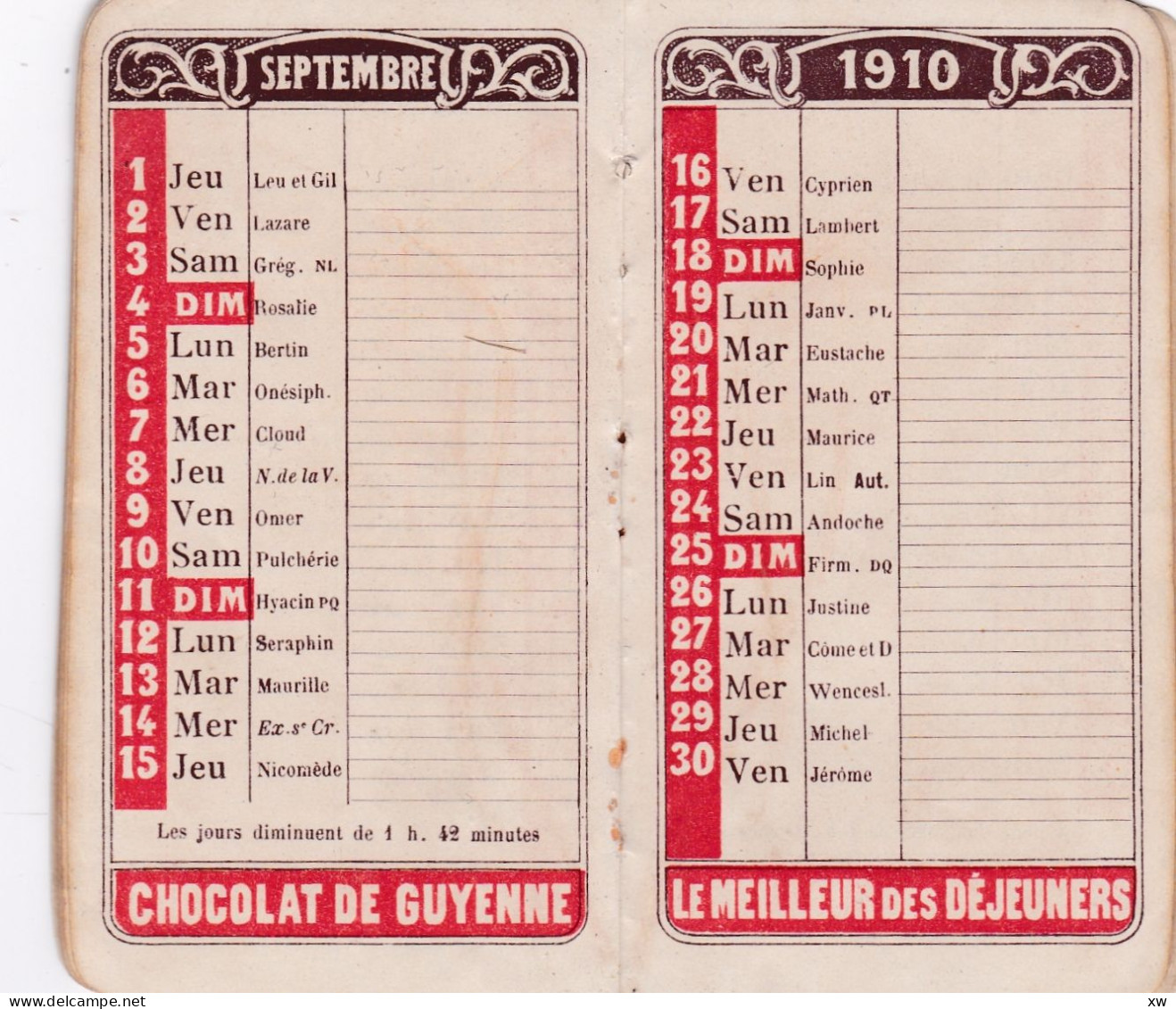 AGENDA MEMENTO 1910 offert aux acheteurs du Chocolat de Guyenne -En vente chez les Pharmaciens A. ROUDEL et Cie-19-05-24