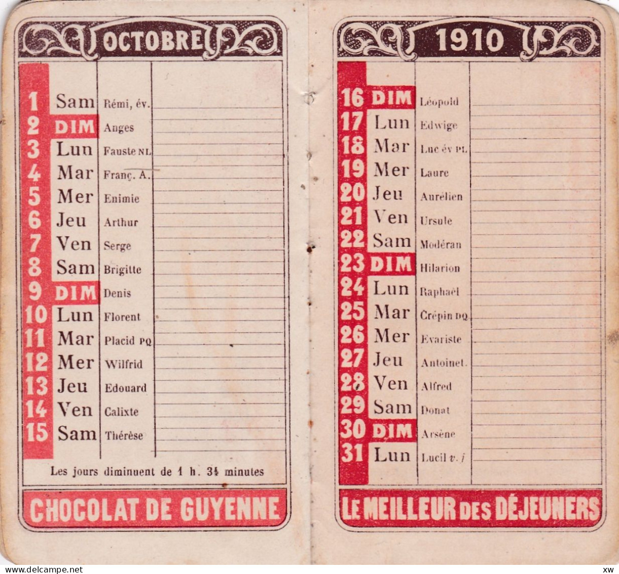 AGENDA MEMENTO 1910 offert aux acheteurs du Chocolat de Guyenne -En vente chez les Pharmaciens A. ROUDEL et Cie-19-05-24