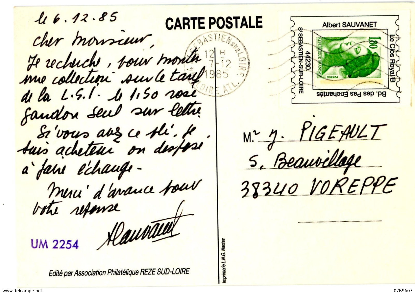 PORTE TIMBRE LOIRE ATLANTIQUE CP 1985 PORTE TIMBRE SAUVANET ST SEBASTIEN SUR LOIR AVEC 1.80 LIBERTE DE GANDON - 1961-....