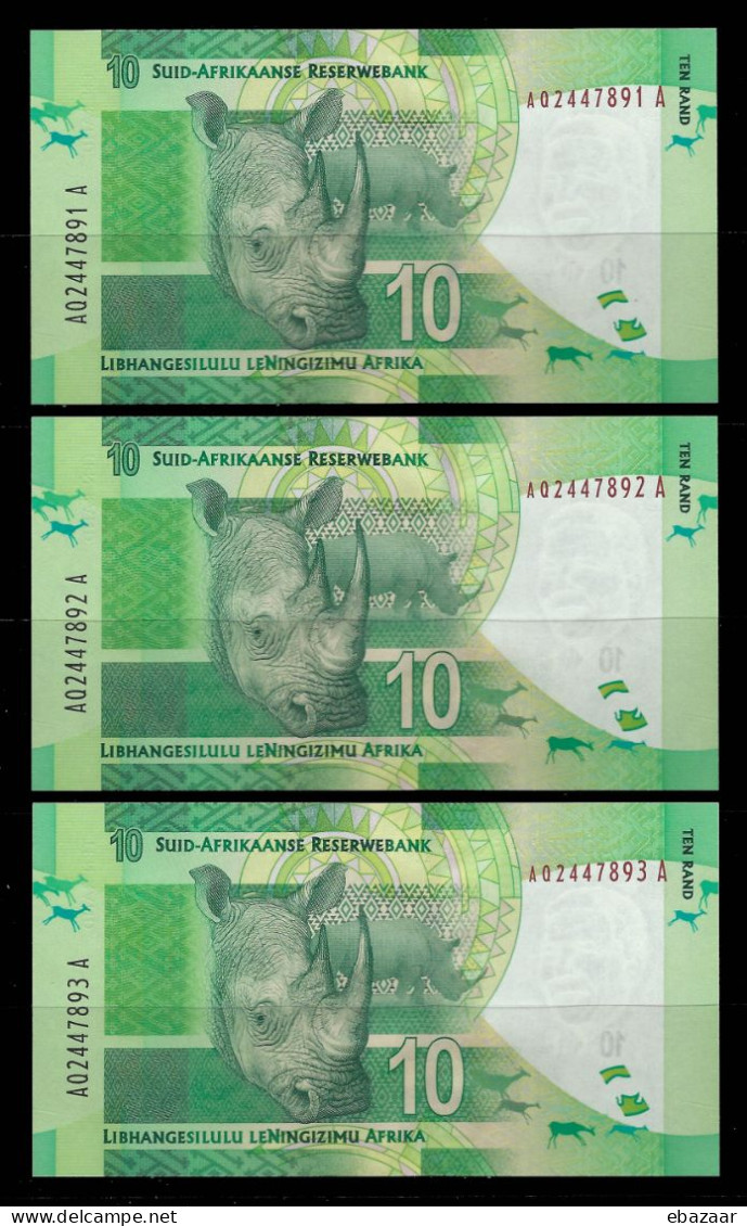 South Africa 3 Consecutive Serial Banknotes 2012 Nelson Mandela 10 Rand P-133 UNC - South Africa