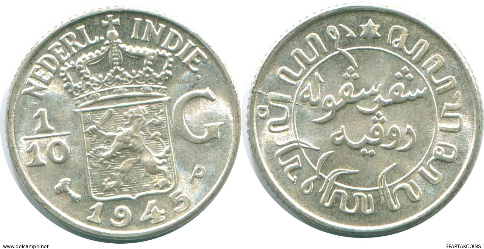 1/10 GULDEN 1945 P INDES ORIENTALES NÉERLANDAISES ARGENT Colonial Pièce #NL14015.3.F.A - Niederländisch-Indien