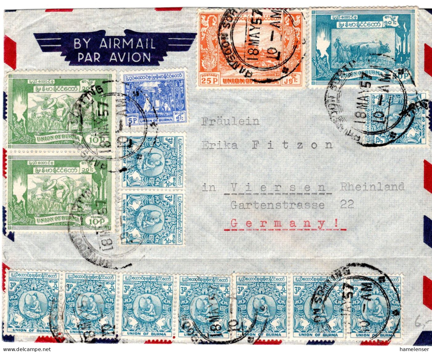 79010 - Burma - 1957 - 50p Landwirtschaft MiF A LpBf RANGOON -> Westdeutschland - Myanmar (Burma 1948-...)